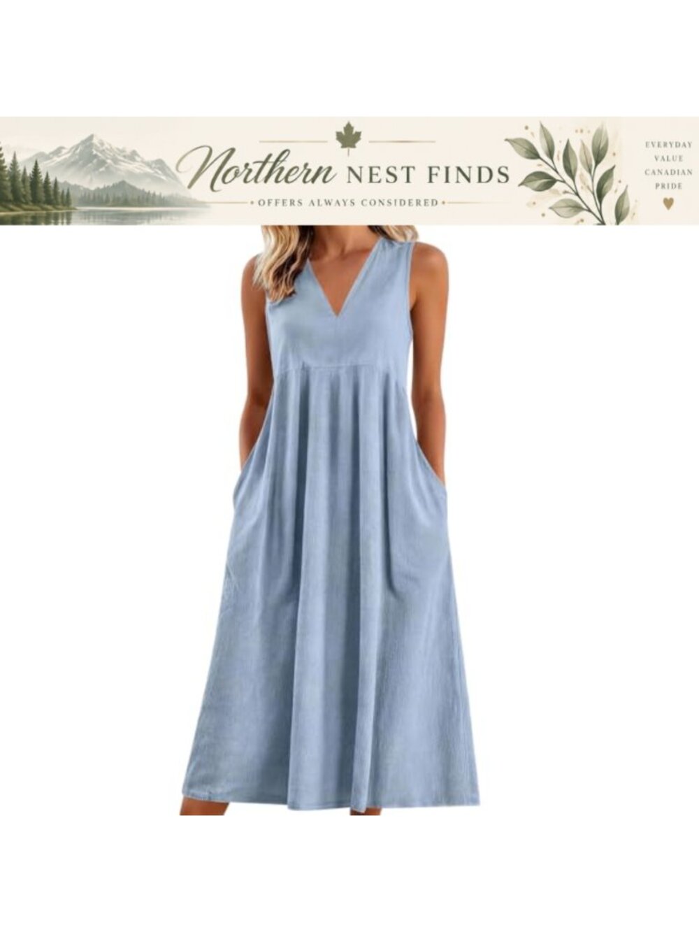 Womens Sleeveless Midi Dress V-Neck Side Pockets Casual